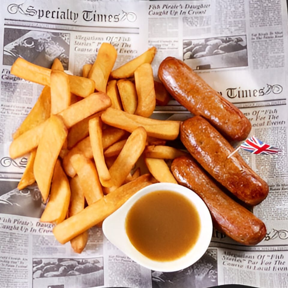 Sausages, chips, and gravy on newspaper, with a British flag toothpick.
