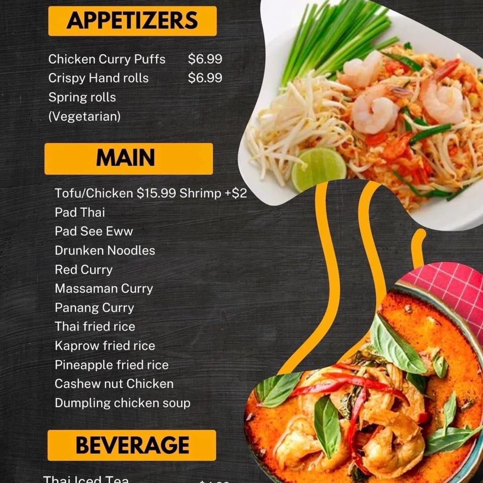 A menu for The British Embassy Fish and Chips, featuring Thai dishes like Pad Thai and Red Curry.