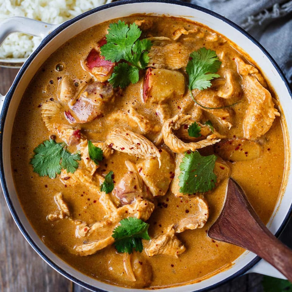 A close-up of a pot of creamy chicken curry with cilantro and a wooden spoon.
